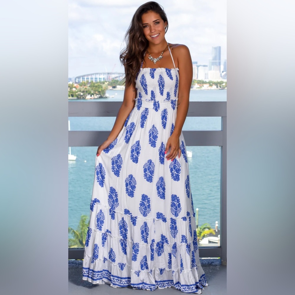Elegant Blue and White Maxi Dress